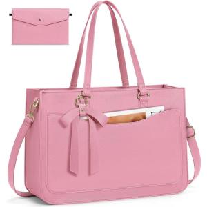 imageRAINSMORE Laptop Bag for Women 156 Inch Work Tote Bags Leather Laptop Tote Waterproof Computer Bag Professional Office Business Briefcase Large Handbag for College Teacher Travel BlackPink