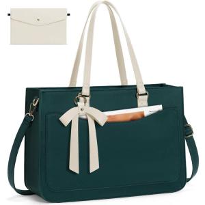 imageRAINSMORE Laptop Bag for Women 156 Inch Work Tote Bags Leather Laptop Tote Waterproof Computer Bag Professional Office Business Briefcase Large Handbag for College Teacher Travel BlackBeige and Green