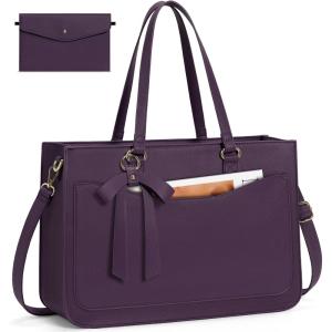 imageRAINSMORE Laptop Bag for Women 156 Inch Work Tote Bags Leather Laptop Tote Waterproof Computer Bag Professional Office Business Briefcase Large Handbag for College Teacher Travel BlackPurple