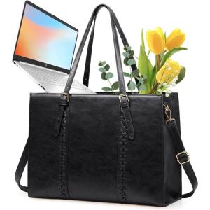 imageRAINSMORE Laptop Bag for Women 156 inch Laptop Tote Bag PU Leather Computer Work Bag Lightweight Shoulder Handbags BrownBlack