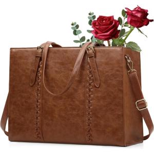 imageRAINSMORE Laptop Bag for Women 156 inch Laptop Tote Bag PU Leather Computer Work Bag Lightweight Shoulder Handbags BrownBrown