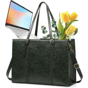 imageRAINSMORE Laptop Bag for Women 156 inch Laptop Tote Bag PU Leather Computer Work Bag Lightweight Shoulder Handbags BrownDark Green