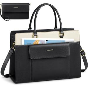 imageRAINSMORE Laptop Bag for Women 156 inch Leather Laptop Tote Bag Large Computer Bags Waterproof Business Office Work Bags Briefcase with Satchel Purse 2pcs Set BlackBlack