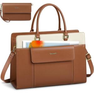 imageRAINSMORE Laptop Bag for Women 156 inch Leather Laptop Tote Bag Large Computer Bags Waterproof Business Office Work Bags Briefcase with Satchel Purse 2pcs Set BlackBrown