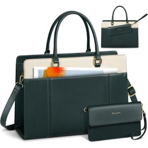 imageRAINSMORE Laptop Bag for Women 156 inch Leather Laptop Tote Bag Large Computer Bags Waterproof Business Office Work Bags Briefcase with Satchel Purse 2pcs Set BlackDark Green