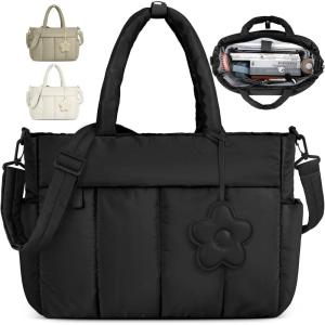 imageRAINSMORE Laptop Tote Bag for Women 156 Inch Lightweight Puffer Work Tote Bag Quilted Travel Bags with Shoulder Strap Large Computer Briefcase Teacher Nurse Bag for Casual Office Travel BeigeBlack