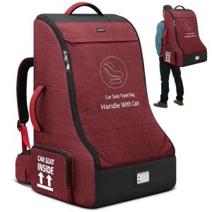 imageRAINSMORE Padded Car Seat Travel Bag for Airplane Heavy Duty Car Seat Backpack for Air Travel Baby Carseat Cover Bags for Airport Large Car Seats Carrier Fits Car Seats ampamp Booster SeatsGrayRedBlack