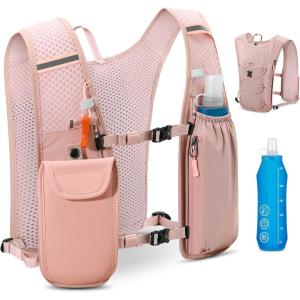 imageRAINSMORE Running Hydration Vest with 500ml Soft Flask Waterproof Phone Pocket Lightweight Hydration Pack Adjustable NoBounce Straps for Trail Running Marathon CyclingPink