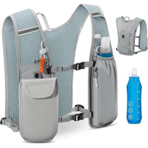 imageRAINSMORE Running Hydration Vest with 500ml Soft Flask Waterproof Phone Pocket Lightweight Hydration Pack Adjustable NoBounce Straps for Trail Running Marathon CyclingGrey