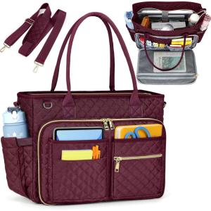 imageRAINSMORE Teacher Tote Bag 156 inch Laptop Bag for Women Work Bags Laptop Tote Nurse Bag Professional Computer Messenger with Insulated Pocket Laptop Briefcase for Office College Nursing BlackWinered