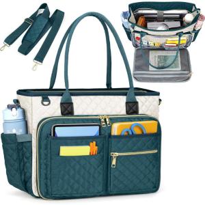 imageRAINSMORE Teacher Tote Bag 156 inch Laptop Bag for Women Work Bags Laptop Tote Nurse Bag Professional Computer Messenger with Insulated Pocket Laptop Briefcase for Office College Nursing BlackGreenwhite