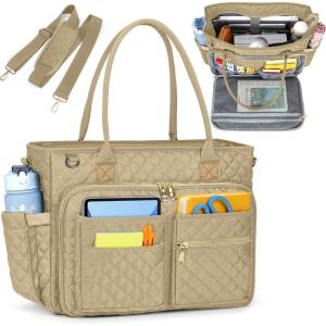 imageRAINSMORE Teacher Tote Bag 156 inch Laptop Bag for Women Work Bags Laptop Tote Nurse Bag Professional Computer Messenger with Insulated Pocket Laptop Briefcase for Office College Nursing BlackKhaki