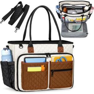 imageRAINSMORE Teacher Tote Bag 156 inch Laptop Bag for Women Work Bags Laptop Tote Nurse Bag Professional Computer Messenger with Insulated Pocket Laptop Briefcase for Office College Nursing BlackBlackwhitebrown