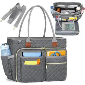 imageRAINSMORE Teacher Tote Bag 156 inch Laptop Bag for Women Work Bags Laptop Tote Nurse Bag Professional Computer Messenger with Insulated Pocket Laptop Briefcase for Office College Nursing BlackGrey