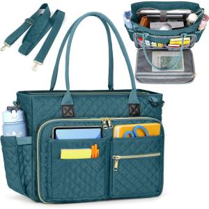 imageRAINSMORE Teacher Tote Bag 156 inch Laptop Bag for Women Work Bags Laptop Tote Nurse Bag Professional Computer Messenger with Insulated Pocket Laptop Briefcase for Office College Nursing BlackDark Green