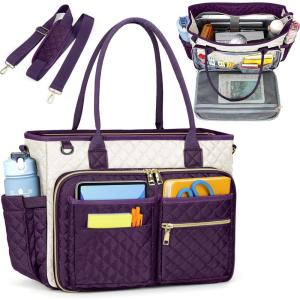 imageRAINSMORE Teacher Tote Bag 156 inch Laptop Bag for Women Work Bags Laptop Tote Nurse Bag Professional Computer Messenger with Insulated Pocket Laptop Briefcase for Office College Nursing BlackPurplewhite
