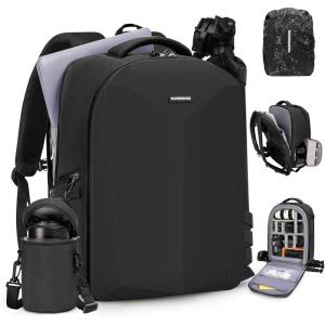 imageRAINSMORE Camera Backpack Hard Shell for DSLRSLR Waterproof Camera Bag with Laptop Compartment 156 Inch Professional Camera Case with Rain Cover Photography Backpack Bag with Camera Lens Case GreenBlack