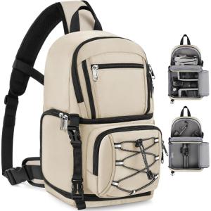 imageRAINSMORE Camera Bag DSLRSLRMirrorless Cameras Case Small Waterproof Camera Sling Bag Crossbody Bags for Photographers with Tripod Holder Compatible with CanonNikonSonyFuji BeigeBeige