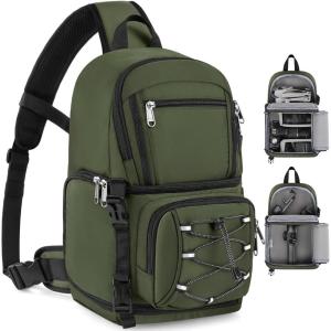 imageRAINSMORE Camera Bag DSLRSLRMirrorless Cameras Case Small Waterproof Camera Sling Bag Crossbody Bags for Photographers with Tripod Holder Compatible with CanonNikonSonyFuji BeigeArmy Green