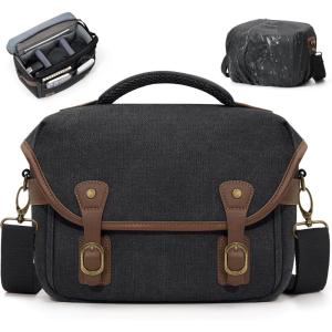 imageRAINSMORE Canvas Camera Bag DSLRSLRMirrorless Small Camera Sling Bags Crossbody Camera Case Compact Shoulder Bag for Photographers with Rain Cover Vintage Sling Bags for Men and Women BlackBlack