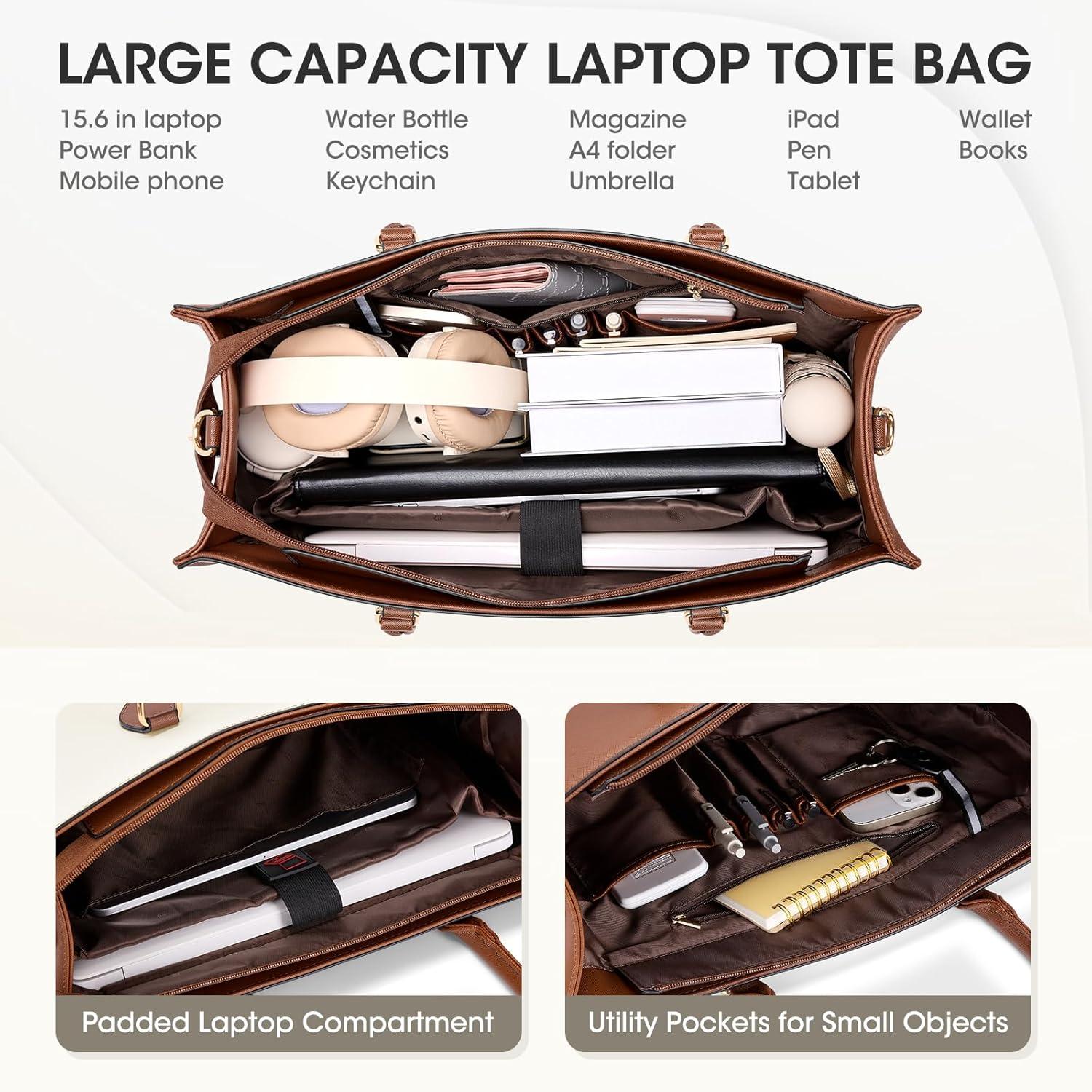 imageRAINSMORE Laptop Tote Bag for Women 156 Inch Large Women Work Bags Waterproof Business Office Teacher Bag Computer BriefcaseBrownwhite