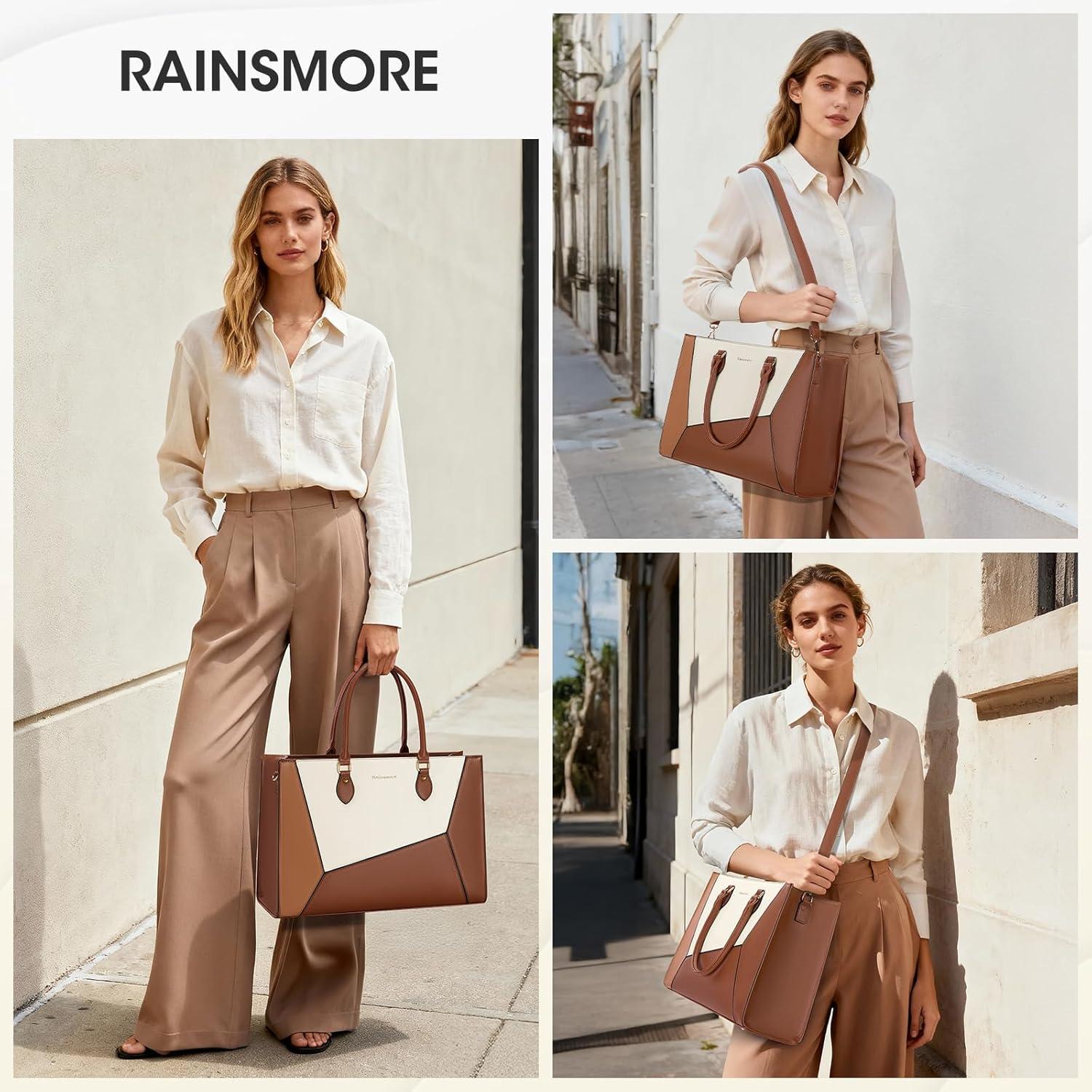 imageRAINSMORE Laptop Tote Bag for Women 156 Inch Large Women Work Bags Waterproof Business Office Teacher Bag Computer BriefcaseBrownwhite