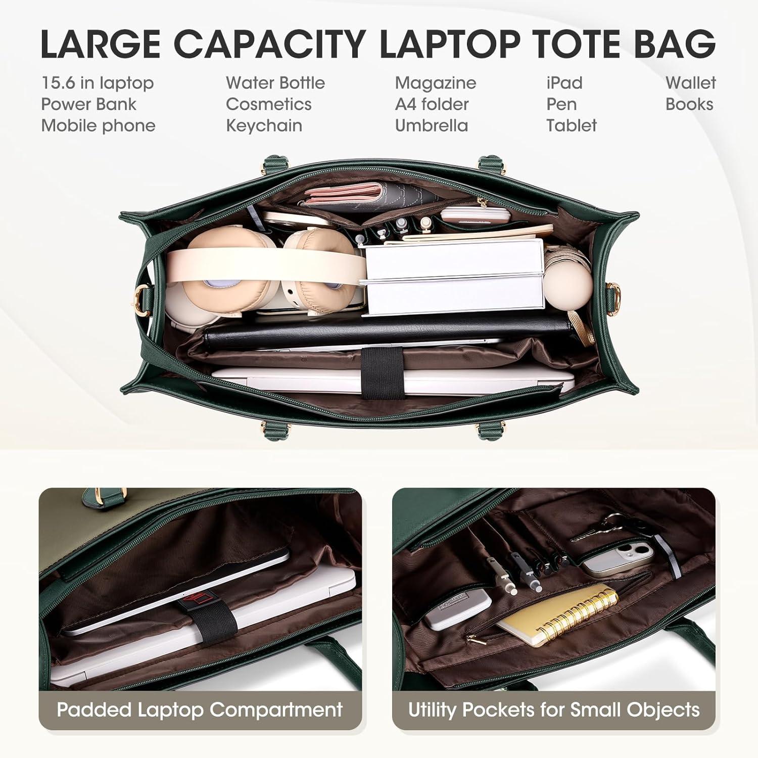 imageRAINSMORE Laptop Tote Bag for Women 156 Inch Large Women Work Bags Waterproof Business Office Teacher Bag Computer BriefcaseDarkgreenwhite