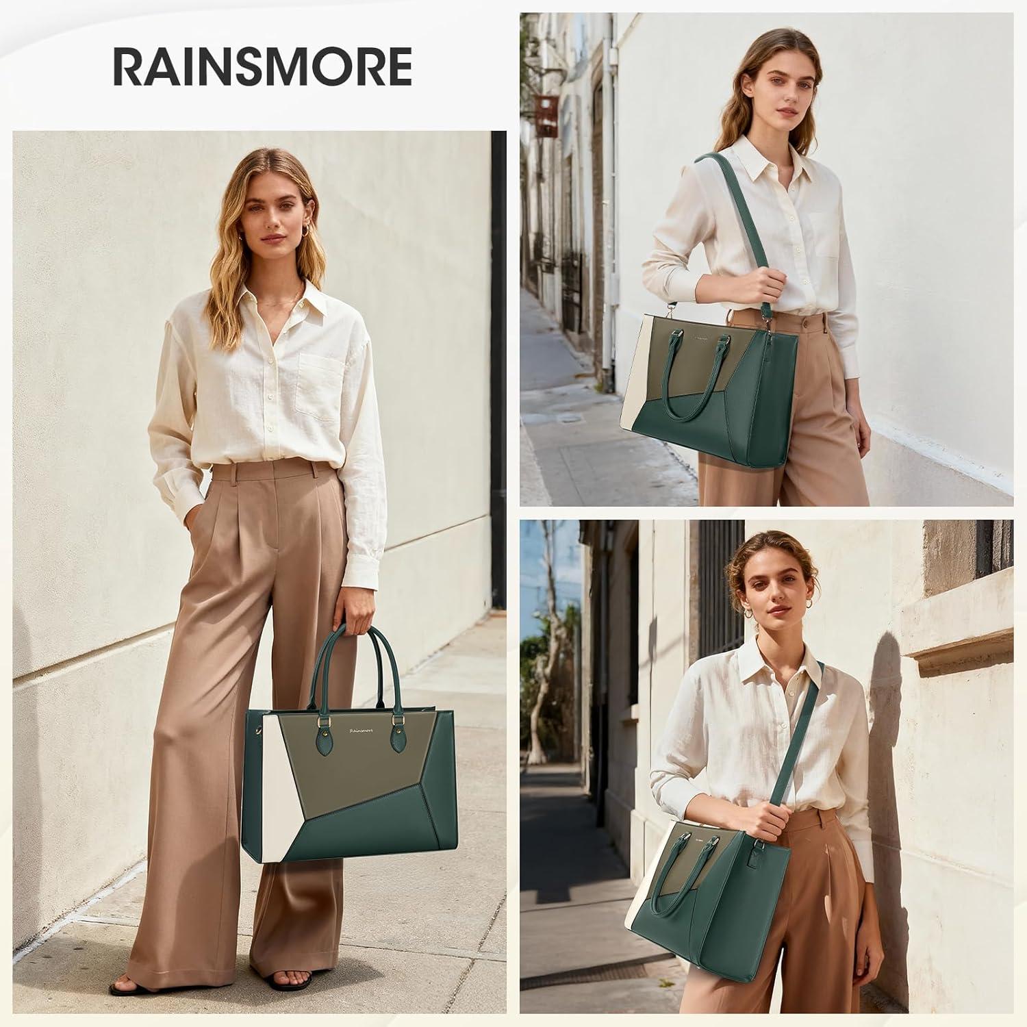 imageRAINSMORE Laptop Tote Bag for Women 156 Inch Large Women Work Bags Waterproof Business Office Teacher Bag Computer BriefcaseDarkgreenwhite