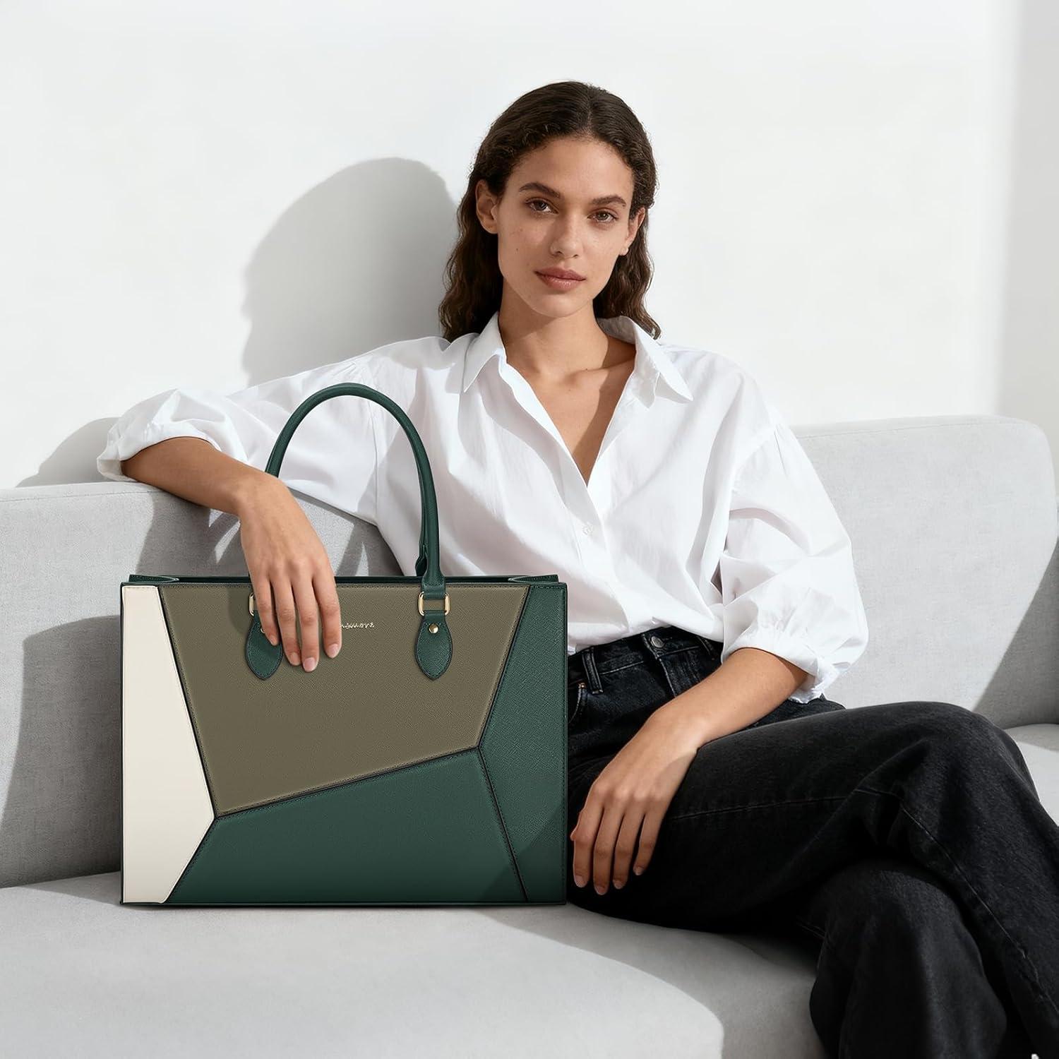 imageRAINSMORE Laptop Tote Bag for Women 156 Inch Large Women Work Bags Waterproof Business Office Teacher Bag Computer BriefcaseDarkgreenwhite