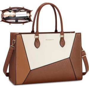 imageRAINSMORE Laptop Tote Bag for Women 156 Inch Large Women Work Bags Waterproof Business Office Teacher Bag Computer BriefcaseBrownwhite