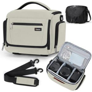 imageRAINSMORE Camera Bag SLRDSLRMirrorless Camera Case with Divider Tripod Holder Waterproof Sling Bag Crossbody Camera Bags for Photographers with Rain Cover for CanonSonyNikonFuji GreyBeige