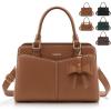 imageRAINSMORE Purses for Women Satchel Purse PU Leather Structured Work Handbag with Bowknot and Shoulder Strap Fits 11 iPadBrown