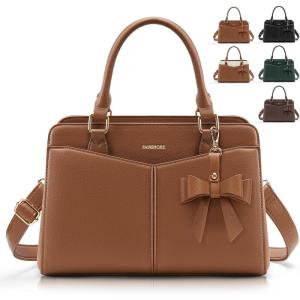 imageRAINSMORE Purses for Women Satchel Purse PU Leather Structured Work Handbag with Bowknot and Shoulder Strap Fits 11 iPadBrown