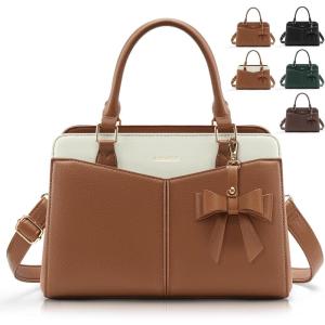 imageRAINSMORE Purses for Women Satchel Purse PU Leather Structured Work Handbag with Bowknot and Shoulder Strap Fits 11 iPadBrownwhite