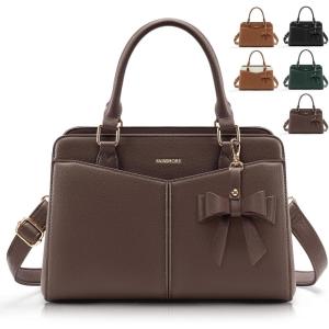 imageRAINSMORE Purses for Women Satchel Purse PU Leather Structured Work Handbag with Bowknot and Shoulder Strap Fits 11 iPadCoffee