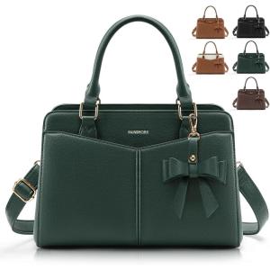 imageRAINSMORE Purses for Women Satchel Purse PU Leather Structured Work Handbag with Bowknot and Shoulder Strap Fits 11 iPadDark Green