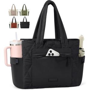 imageRAINSMORE Work Tote Bag for Women Puffer Laptop Tote Bag for Teacher Large Lightweight Quilted Travel Bag with Cup HolderBlack