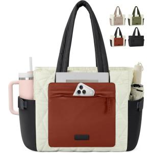imageRAINSMORE Work Tote Bag for Women Puffer Laptop Tote Bag for Teacher Large Lightweight Quilted Travel Bag with Cup HolderCreamblackbrown