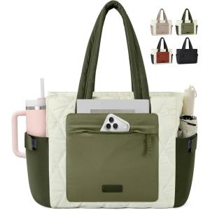 imageRAINSMORE Work Tote Bag for Women Puffer Laptop Tote Bag for Teacher Large Lightweight Quilted Travel Bag with Cup HolderCreamgreen
