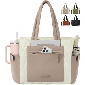 imageRAINSMORE Work Tote Bag for Women Puffer Laptop Tote Bag for Teacher Large Lightweight Quilted Travel Bag with Cup HolderCreamkhaki